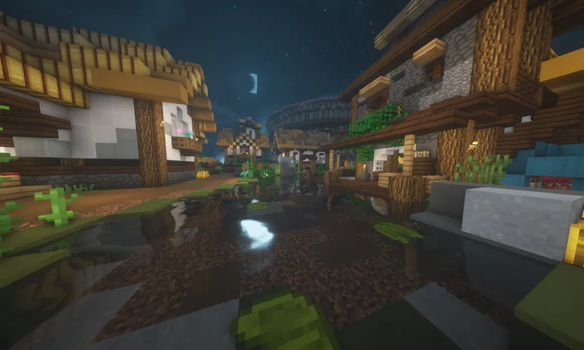 Decorative background of a nighttime village scene from the hypixel skyblock hub.